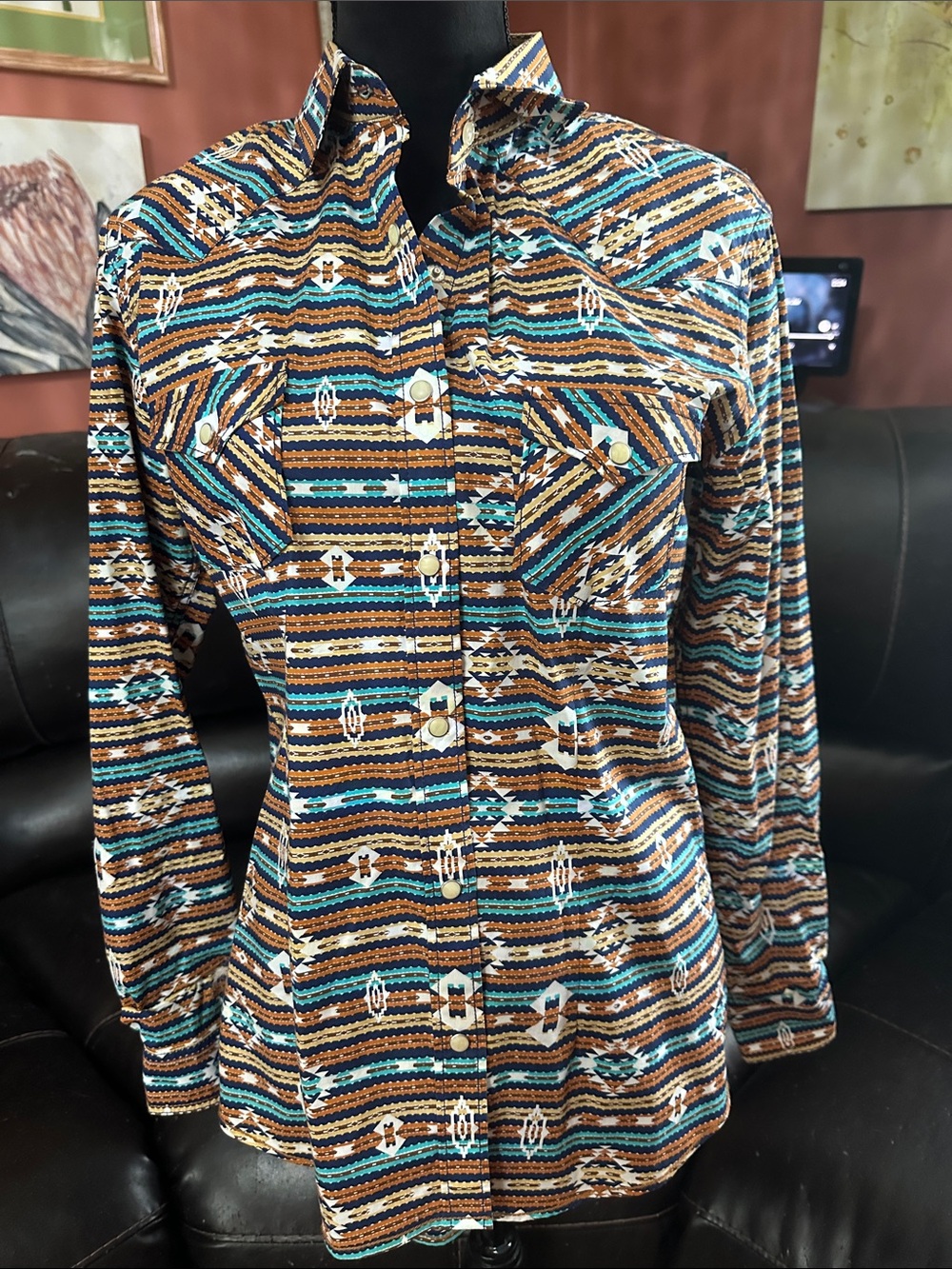 Southwestern Stripe Button-Front Shirt - Teal & Brown